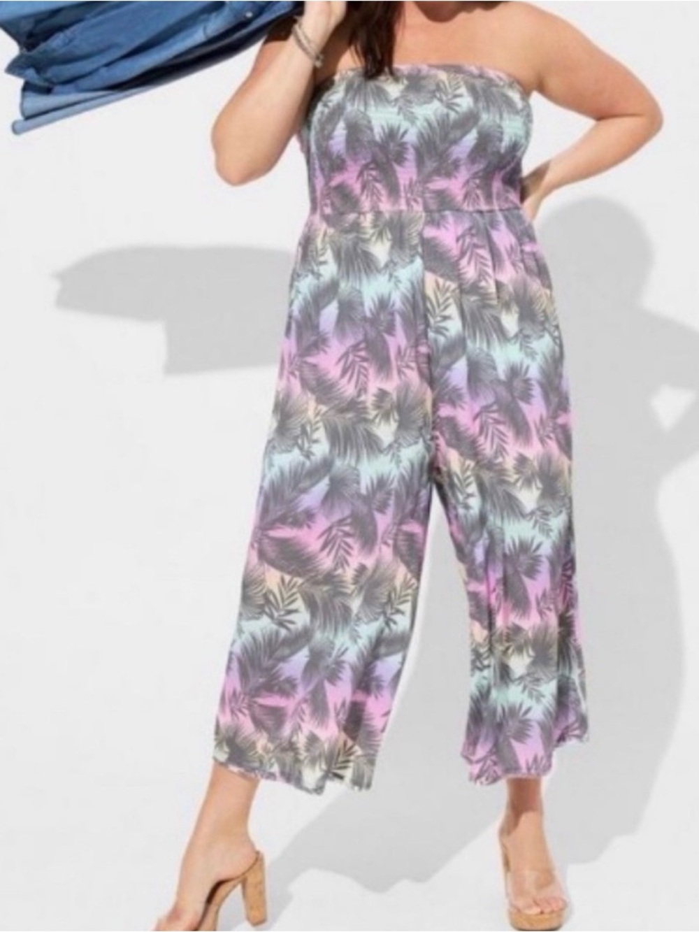 torrid Pastel Multi Strapless Tropical-Print Wide Leg Jumpsuit